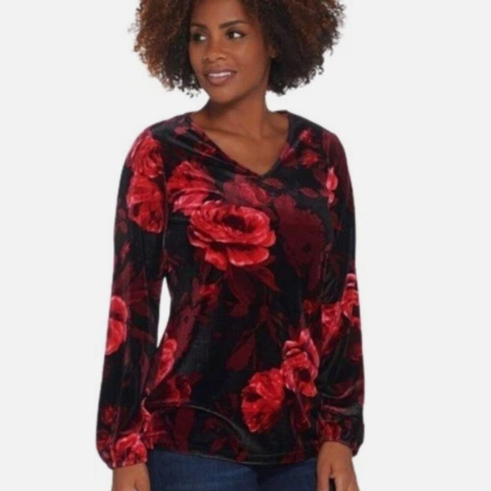 Susan Graver Floral Print Velvet Top XS